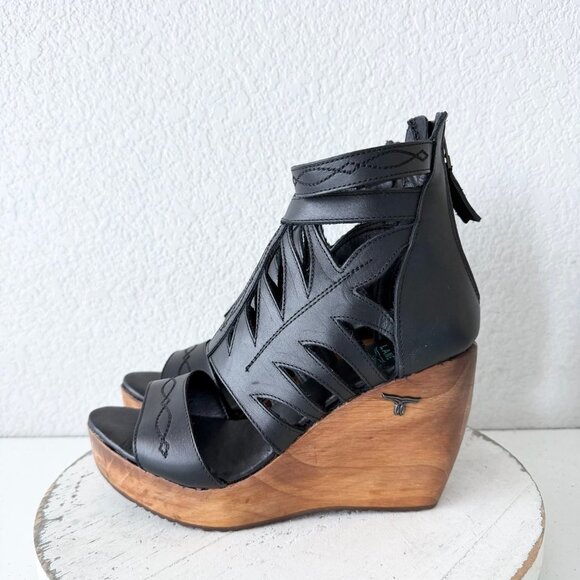 Lane Boots BECCA Womens Black Wedges 8.5 Western Sandals Cowgirl Wooden Heels - Picture 4 of 10